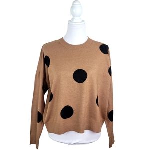 Tahari Sweater Top Women XL Pullover Crew Sweatshirt Tan Brown Black Polka do